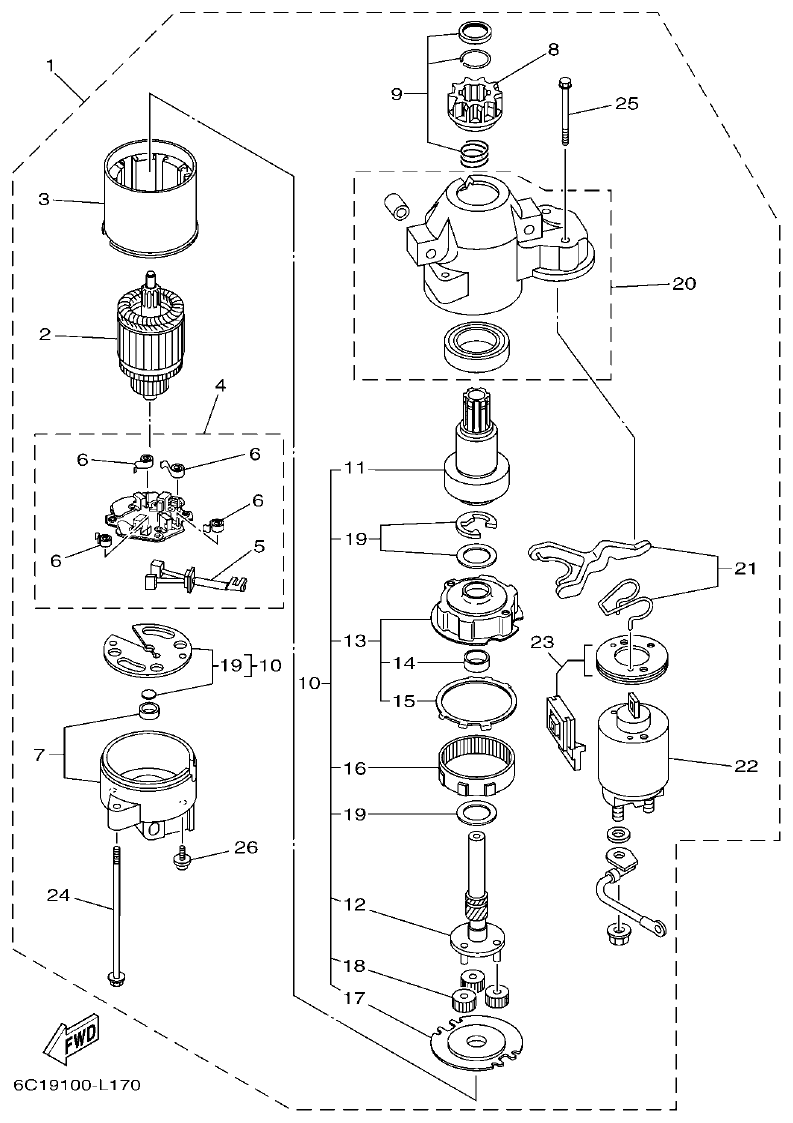 Yamaha F50HET, F60FET, F50HEHD, F60FEHT STARTING MOTOR parts diagram